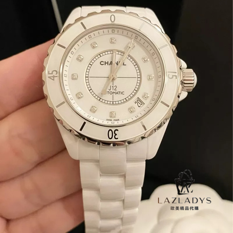 lazladys Chanel 香奈兒 J12 陶瓷錶 白色38mm 機械錶 12鑽