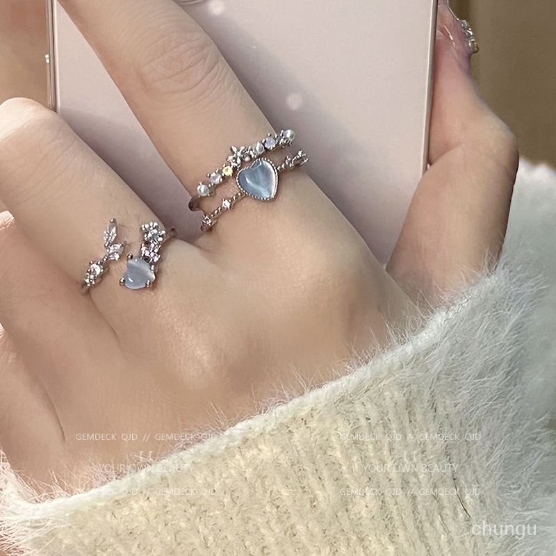 🔥台灣發售🔥  戒指 指環 藍色月光貓眼愛心花朵鋯石戒指小衆設計感輕奢食指開口戒高級指環