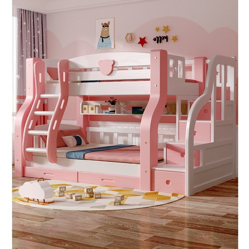 【床架】山姆傢具#上下舖 上下舖床架 床架 上下床8E7Q粉色實木兒童上下床女高架床 雙人床架  雙層床 雙人床 子母床