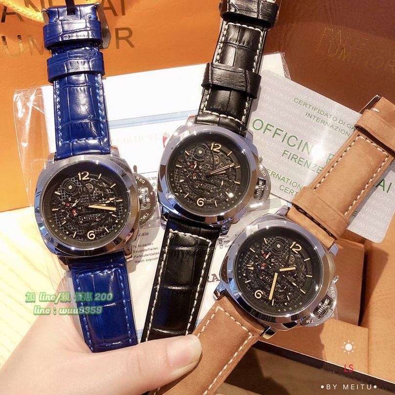 沛納海 Panerai 精品男士腕錶 鏤空字面 30米防水 小牛皮錶帶 石英手錶 男款手錶 礦物質超鏡面 流行錶造型錶