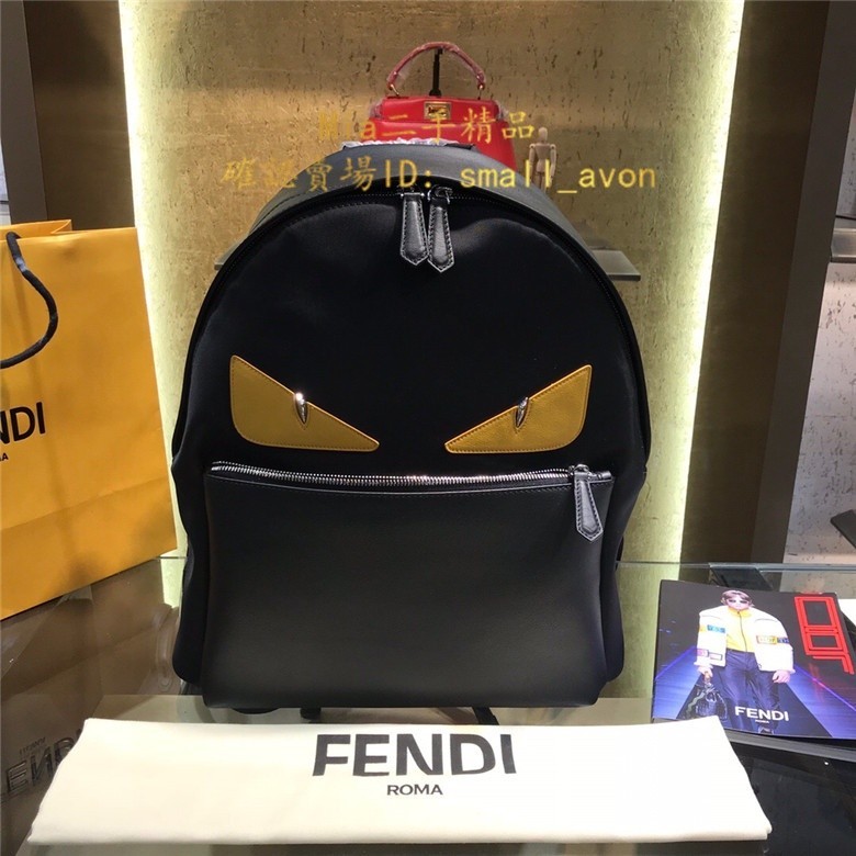 Mia二手 Fendi 芬迪 7VZ012A2FSF0R2A 黃色 怪獸 BAGBUGS眼睛圖案 黑色尼龍 背包 後背包