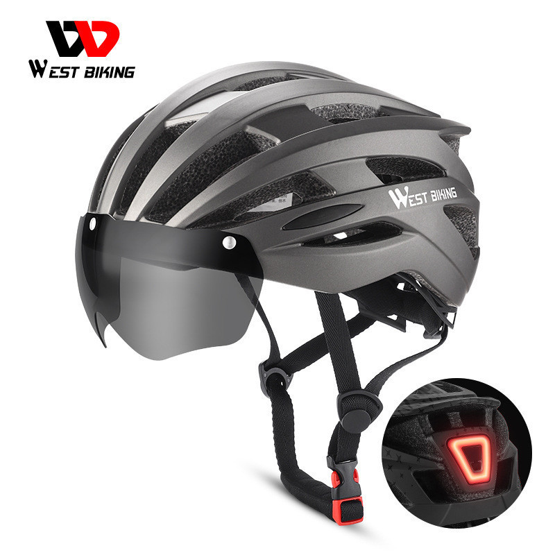 WEST BIKING磁吸風鏡自行車安全帽 一體成型安全帽 山地公路車安全帽 帶充電尾燈安全帽 輕便透氣安全帽