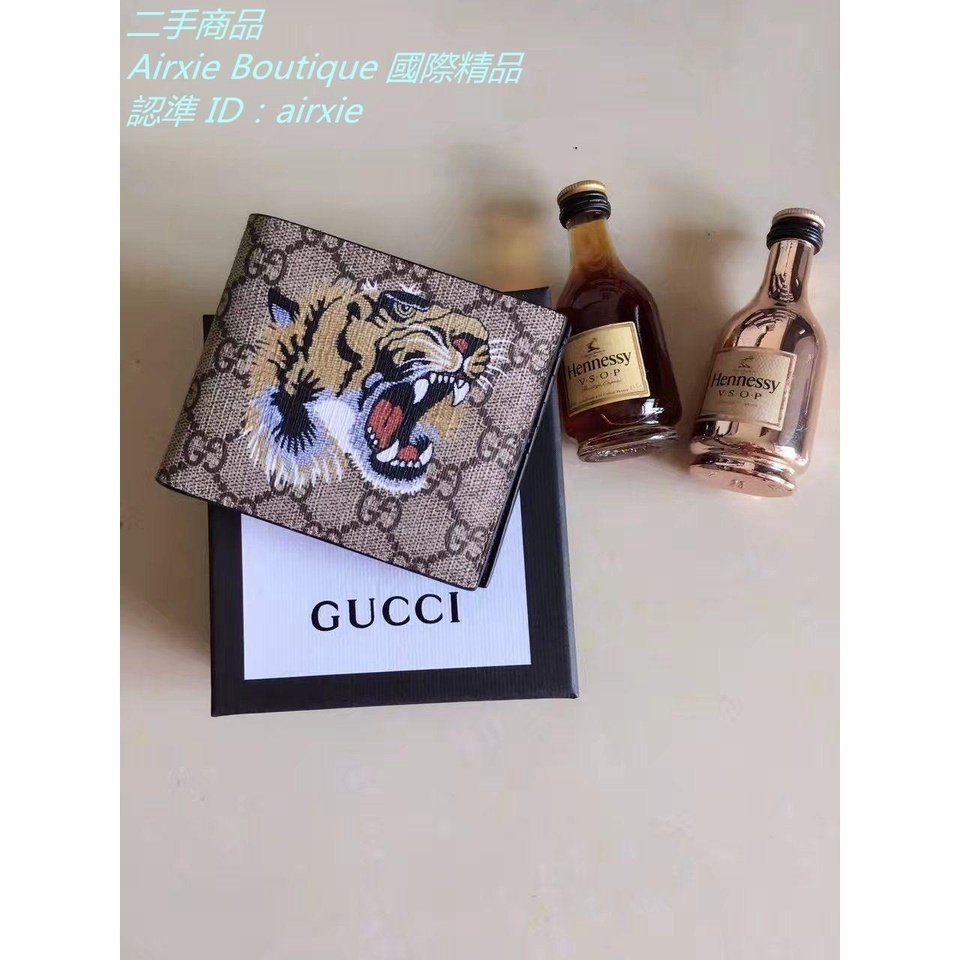 二手精品 古馳 GUCCI GG Supreme 老虎印花 虎頭印花 8卡 對折錢包 錢夾 虎頭 短夾 451268