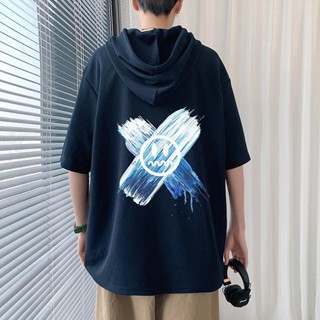 美式五分袖帽t男|大尺碼45-115公斤男裝上衣|夏季嘻哈中袖帽t|印花薄款衛衣|初中生五分袖連帽上衣|簡約韓版中袖帽t