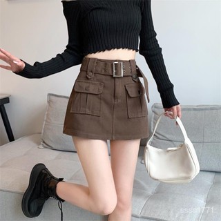 會琴服飾 a字工裝裙子咖色牛仔半身裙2023新款夏季女高腰防走光包臀短裙褲 S-XL 咖啡色 黑色 卡其色 軍綠色