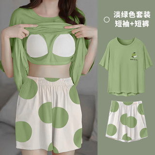 睡衣女 帶胸墊睡衣 新款睡衣 居家服 夏季帶胸墊甜美短袖薄款卡通大碼寬松ins風套裝家居服 外穿