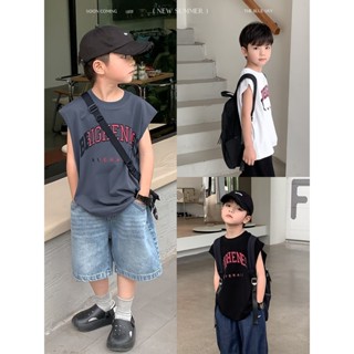 男童純棉坎肩背心 漸變字母T恤 中大童韓版休閒運動打底衫 夏季
