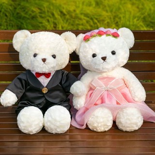 壓床佈娃娃一對婚慶毛絨玩具泰迪熊公仔婚紗熊情侶新婚房結婚禮物