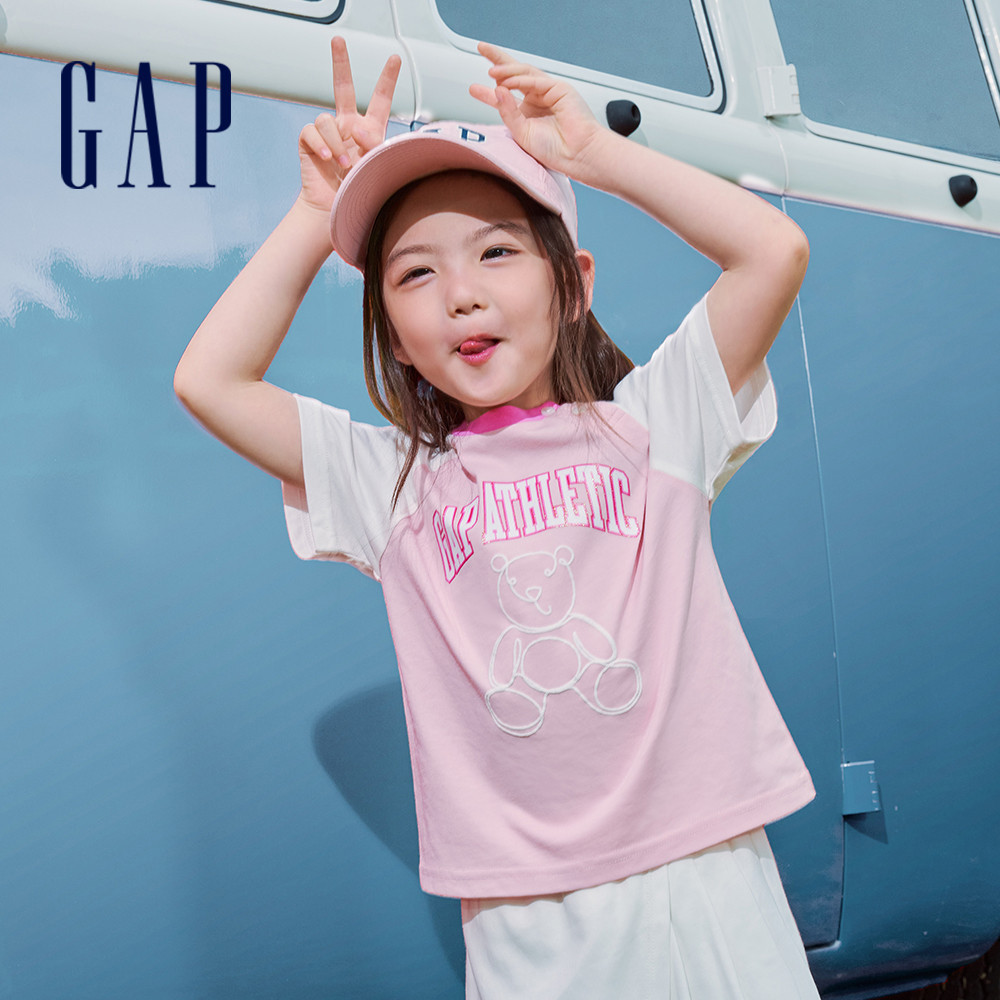 Gap 女幼童裝 Logo純棉小熊印花圓領短袖T恤-粉色(467758)