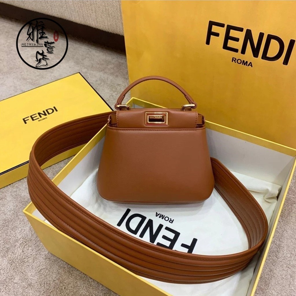 雅萱二手 Fendi/芬迪 mini peekaboo iconic 焦糖色小貓包單肩斜挎包手提包斜背包