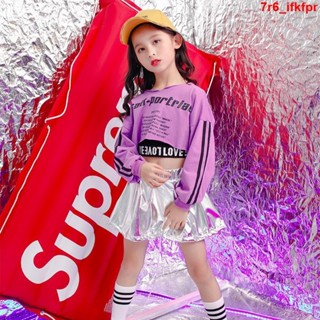 大麥熱銷🎈🎈兒童爵士舞服裝演出服街舞套裝女童hiphop嘻哈衣服潮裝露臍表演服
