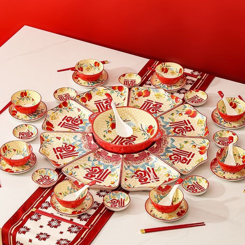 餐具中式陶瓷拼盤餐具團圓碗碟創意組合家用聚餐過年菜盤圓桌套裝送禮菜盤餐盤碗筷湯碗套裝