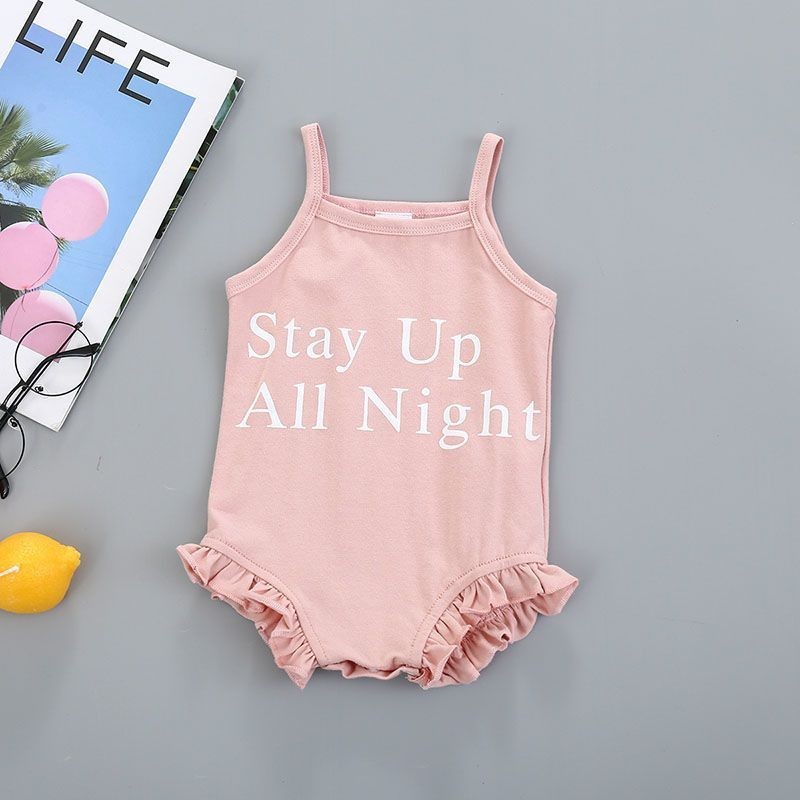 Mini baby🌷夏季薄款可愛寶寶寶寶吊帶字母印花荷葉邊純棉三角新款爬服連體衣