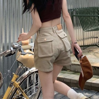 希希の衣櫥 卡其色工裝牛仔短褲女夏薄款高腰顯瘦大口袋美式甜辣寬鬆a字熱褲 設計感 夏季推薦 臺灣熱賣