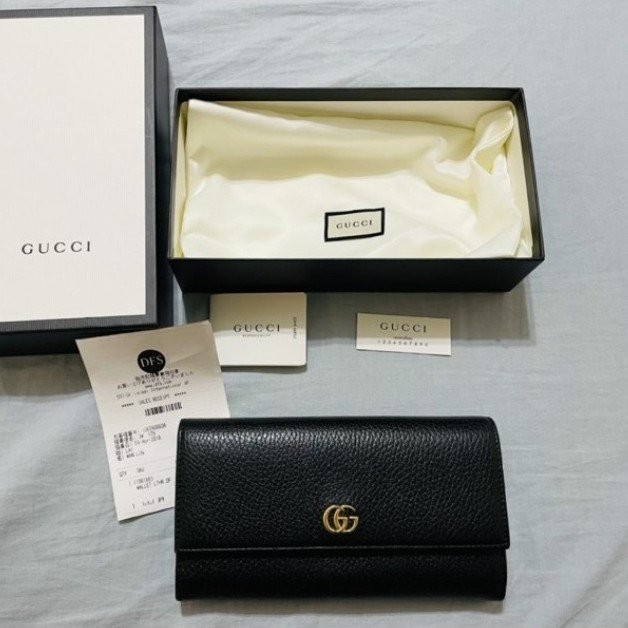 二手精品 Gucci 古馳 GG Marmont 金屬 錢包 皮夾 長夾 開闔式 小牛皮 黑色 手拿包 456116