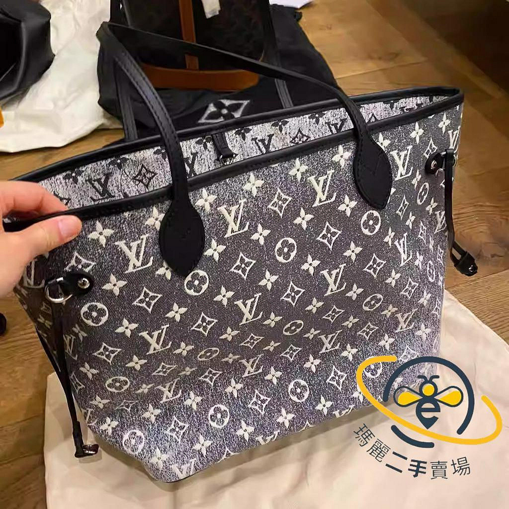 瑪麗二手 LV 路易威登 Neverfull MM 老花單寧 牛仔布 子母 托特包 單肩包 黑色購物袋 M21465