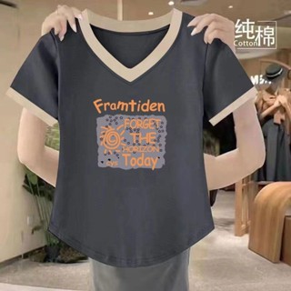 100%純棉 寬鬆上衣 拼接上衣 棉t恤女 氣質上衣 v領上衣 夏季韓版上衣 洋氣V領太陽字母印花上衣 短袖t恤女
