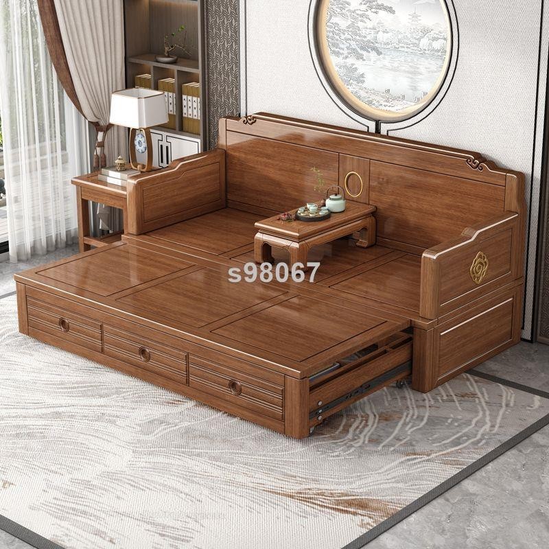 *n居家神器新中式紫金檀木羅漢床實木房間現代新款抽拉式沙發床伸縮式儲物床