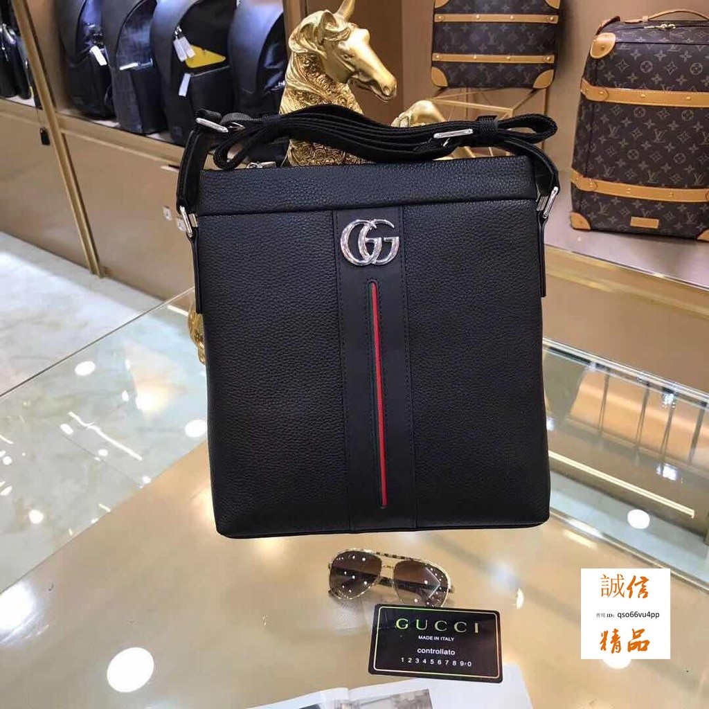 KK店二手 高品質GUCCI 古奇男牛皮士斜跨挎包 郵差包 單肩包 手提包 側背包 斜挎包 男包 肩背包 gg紅綠織