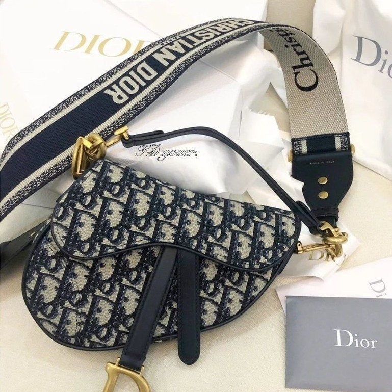 二手正品Dior Mini Saddle Oblique緹花帆布金字D LOGO手提肩背包 馬鞍包