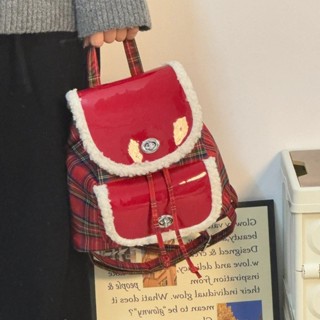 雙肩包 背包 鏈條包自制款圣誕氛圍感背包美式學院風紅色格子雙肩包羊羔毛手提包書包后背包 女生包包