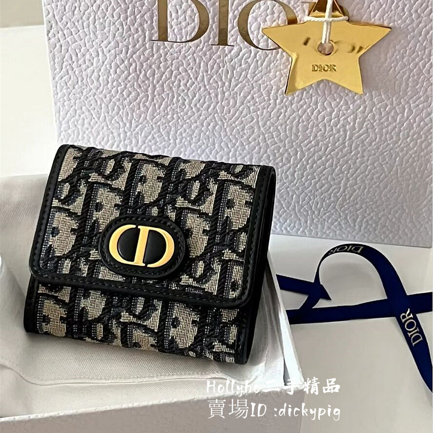 ZQZ精品店DIOR 迪奧 老花三折LOGO短夾 30 Montigne Lotus 錢包 藍色提花 蒙田三折短夾