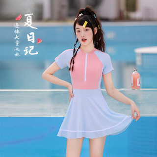 Yelly's~Shop兒童泳衣連體運動女童中大童少女韓版時尚拚色保守遮肉泡溫泉泳衣