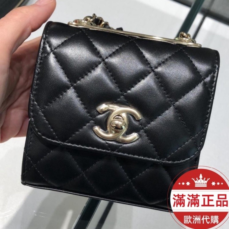 歐洲代購 CHANEL A81633 mini trendy cc 黑色羊皮金鍊 金扣 口蓋包小方包鏈條包二手