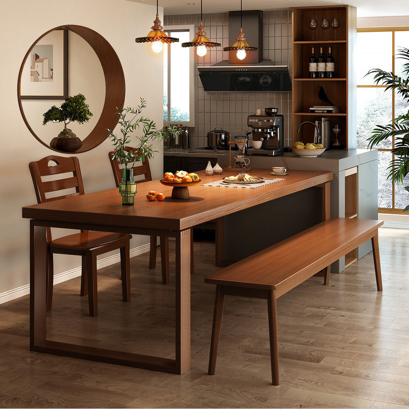 桌子實木腿小戶型長方形出租房商用餐桌椅組合新中式餐桌家用吃飯