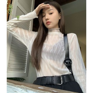 蕾絲打底衫 透明上衣女新款蕾絲打底衫女春秋時髦時尚洋氣彈力修身內搭小衫薄款網紗上衣 長袖防曬T恤 女生上衣 疊穿