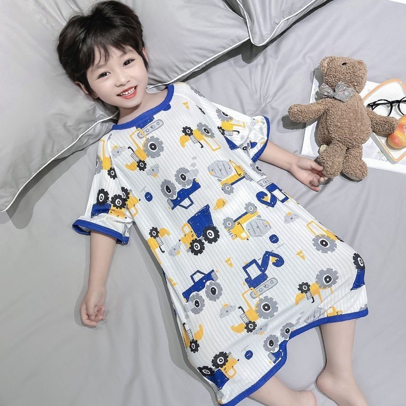 ZYM✨[男童睡衣]兒童睡衣冰感連身夏季男女童短袖睡袍寶寶薄款防踢被冰絲卡通睡裙