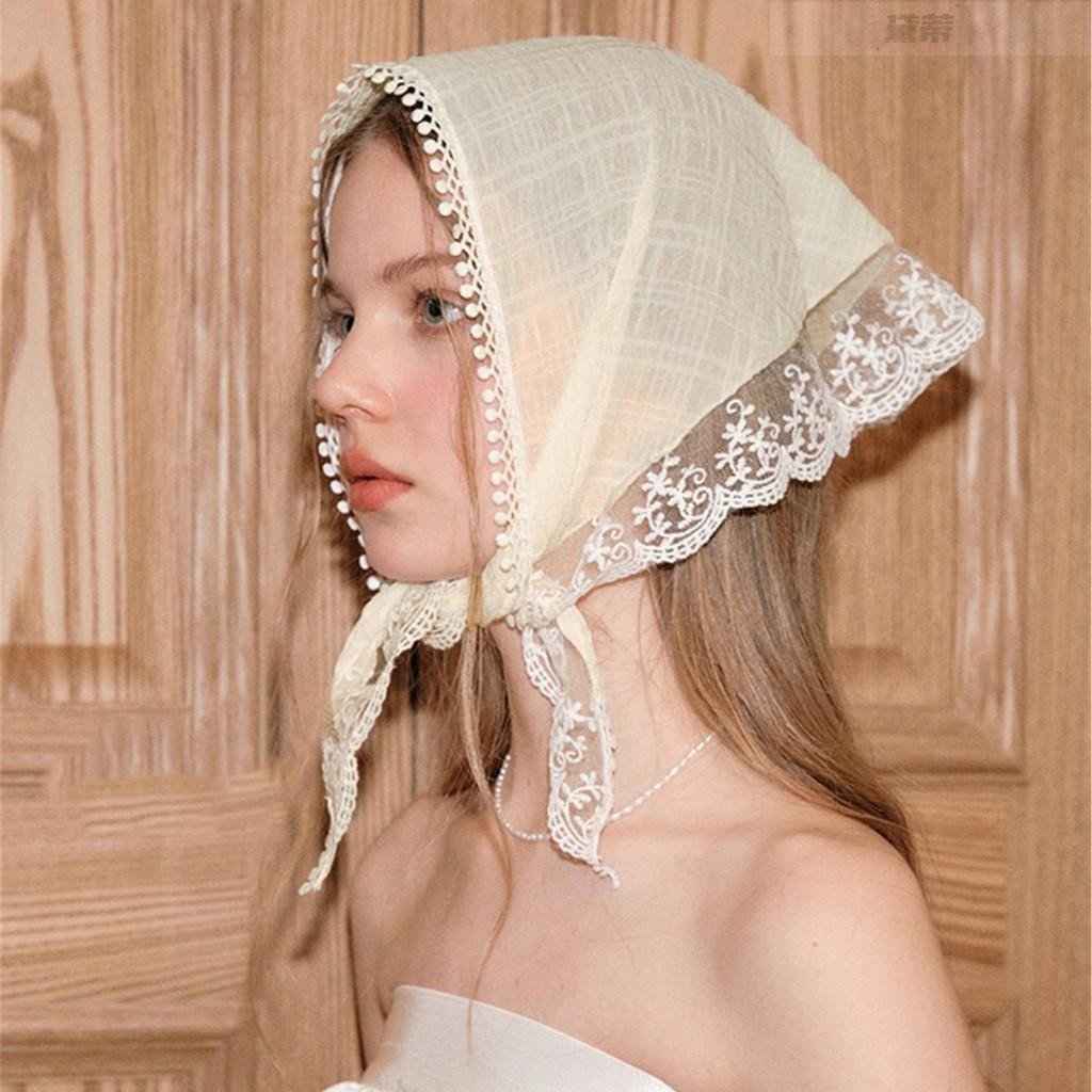 黛蒂 · 2024田園風頭巾白色蕾絲三角巾絲巾