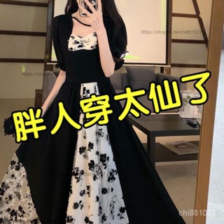【熱賣】50~100公斤 加大尺碼 大尺碼 大尺碼遮肚子不規則赫本風過膝改良旂袍胖妹妹網紗顯瘦拚接洋裝夏短袖大碼長裙 V