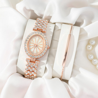 Yelly's~Shop小衆高級感花朵鋼帶圓形鑲鑽石英手錶+手鏈套裝2pcs/set