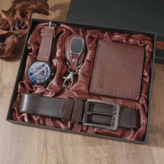 Yelly's~Shop2024男士新款棕色手錶錢包皮帶鑰匙扣禮品套裝4pcs/set