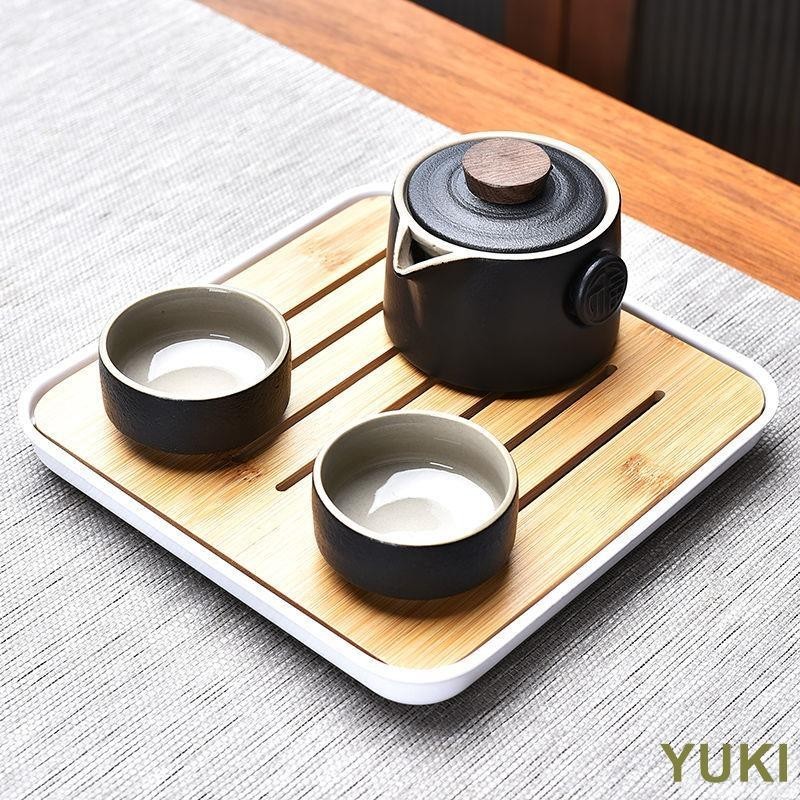 YUKI 旅行茶具 便攜包 陶瓷一體茶具 辦公用茶具 露營 功夫茶具黑陶快客一壺二杯四杯茶具小套裝戶外便攜式旅行茶具陶瓷