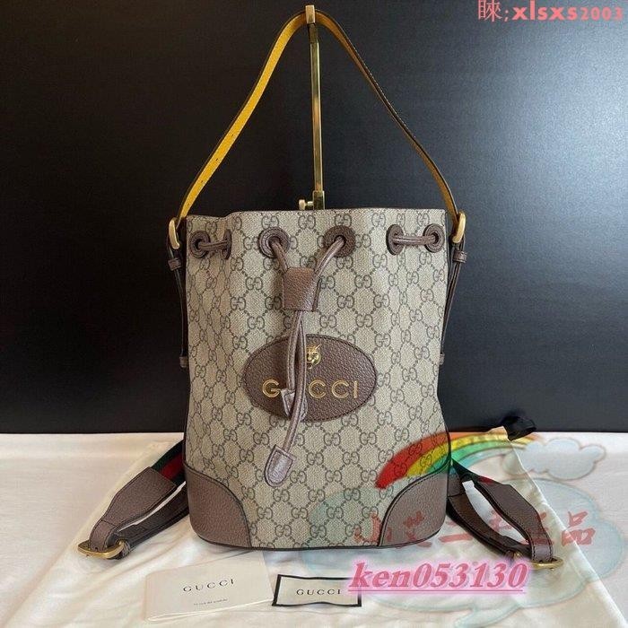 二手 GUCCI 古馳 GG Supreme PVC 473875防水布 抽繩 束口水桶包 後背包 手提包 免運