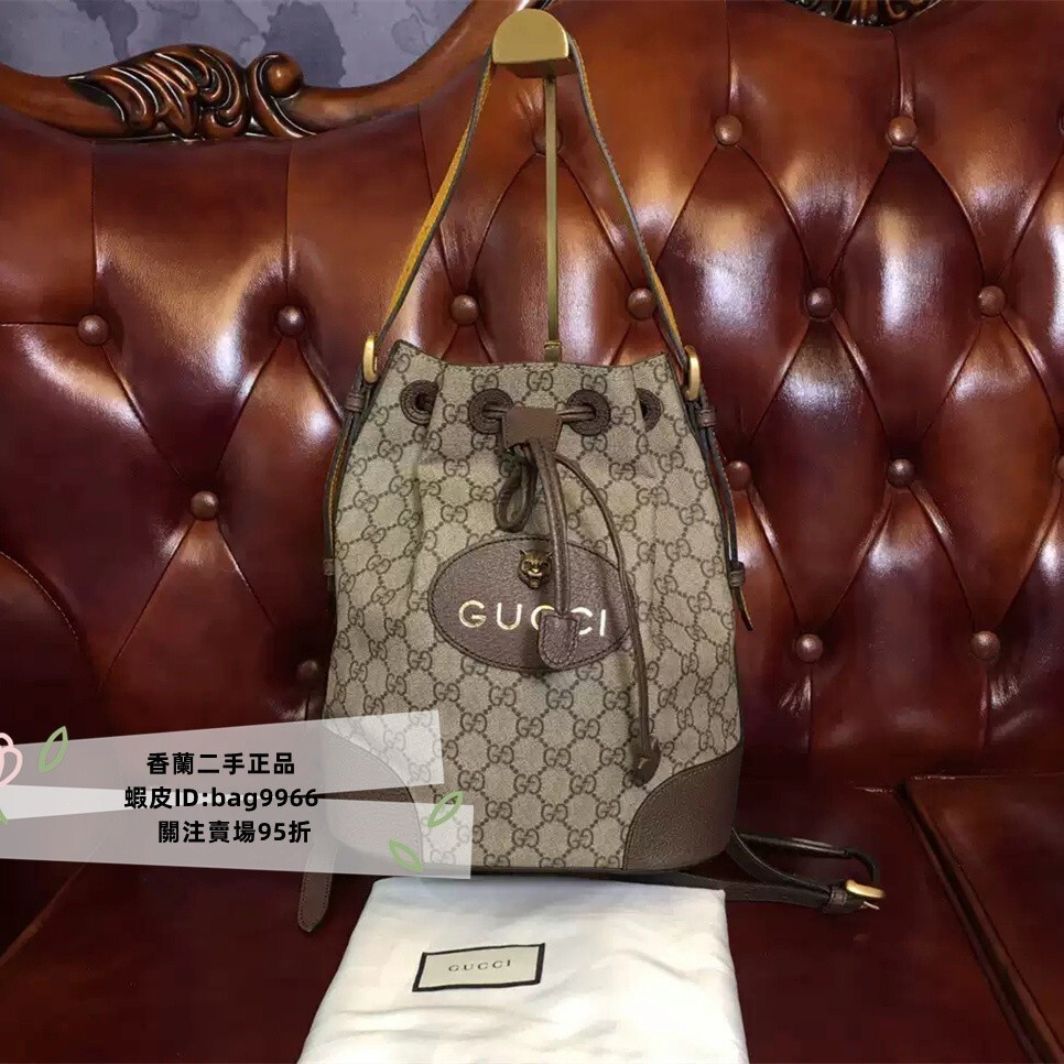 精品二手 GUCCI Neo Vintage虎頭水桶包 473875 老花Logo 抽繩水桶包 棕色手提包 男女同款