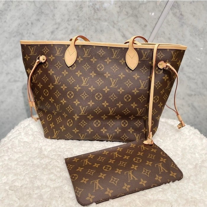 二手精品全新真品 LV 老花 NEVERFULL MM 中款 米色內裡 束口 子母袋 購物包 M40995