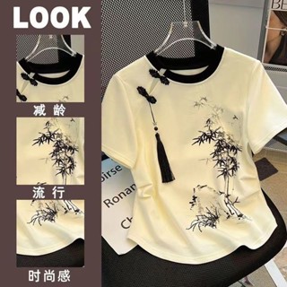 SY新中式國風燙鑽墨竹短袖T恤女夏季復古短袖上衣小個子款收腰顯瘦上衣圓領印花上衣