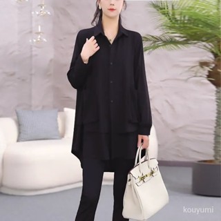 全網爆款📣休閒時尚中長款黑色襯衫女春季外穿大碼寬鬆顯瘦百搭polo領上衣女 GIQM