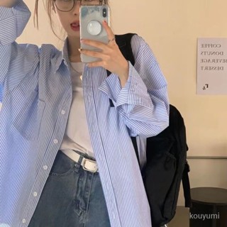 全網爆款📣條紋長袖襯衫女春秋裝新款防曬寬鬆BF風寬鬆中長款條紋百搭外套女 4BOX