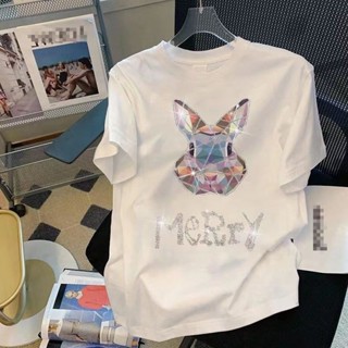 重工燙鉆純棉短袖t恤女夏新款設計感寬松百搭全棉 大尺碼女裝 短袖t恤 短袖上衣 氣質上衣 夏季女裝 韓版上衣