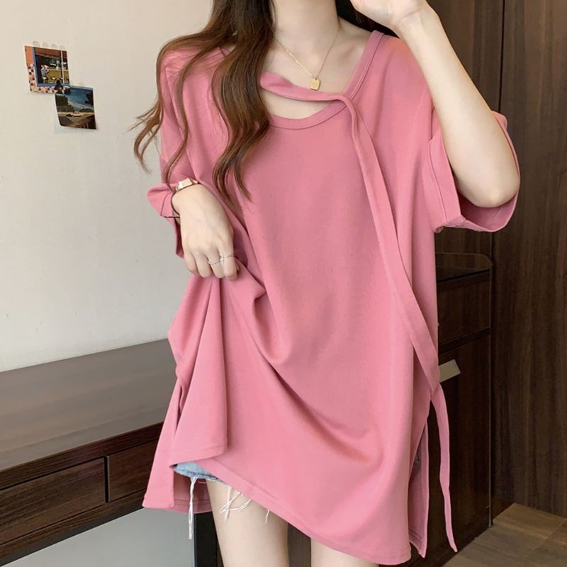 M-4XL 中長款開叉短袖女 T恤女 夏季上衣女 寬鬆長款上衣女 長T恤  顯瘦 大尺碼短袖女 設計感 小衆 打底衫上衣