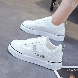 Cinderella 真皮小白鞋女2024春秋新款學生百搭軟底運動休閒闆鞋 低幫 超軟休閒鞋 小白鞋女 百搭小白鞋