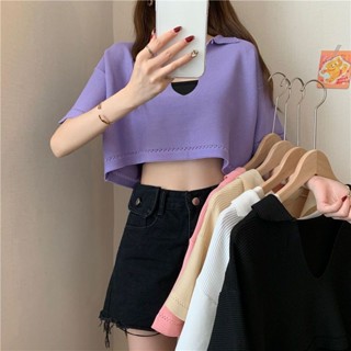 LW湯圓女裝-v領套頭短款針織衫女夏季2024年新款寬鬆韓版薄款短袖打底衫上衣/空調衫/防曬衣/罩衫/外套