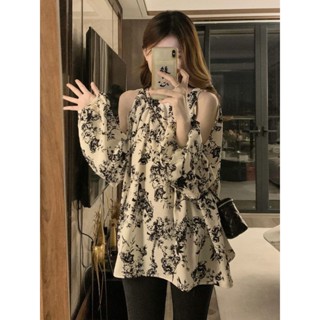 LW湯圓女裝-中長款露肩長袖T恤上衣女夏薄款寬鬆洋氣遮肚印花泡泡袖雪紡襯衫/襯衫/cs