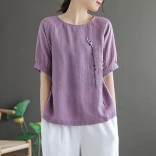 文藝復古花朵刺繡棉麻圓領短袖T恤女夏季新款大碼寬松百搭上衣女 大尺碼短袖 棉麻短袖 復古上衣 中國風上衣 短袖T恤 顯瘦