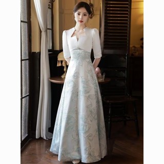 晚禮服女2023新款長款高階感高階輕奢小眾年會白色連衣裙V領刺繡
