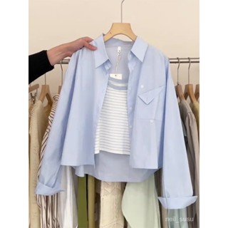 【限時特賣】 襯衫女 女生襯衫 襯衫外套 防曬外套 韓版襯衫 藍色短款長袖襯衫女春秋設計感小眾防曬服開衫外搭小個子上衣夏